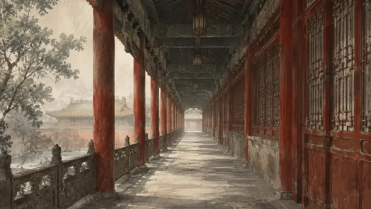 宫阙新篇专区头图：晨光中的深宫庭院，朱红宫门半开、绯色纱帘在长廊里轻扬