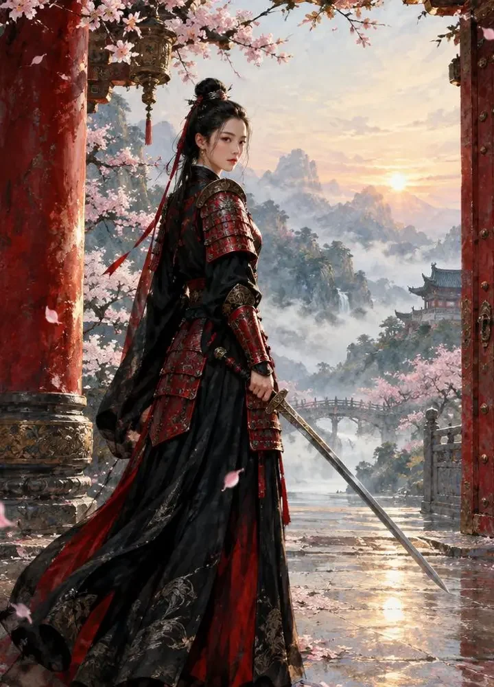《春山隔刃》封面：宫门前执剑的女护卫立在春山雾气之间