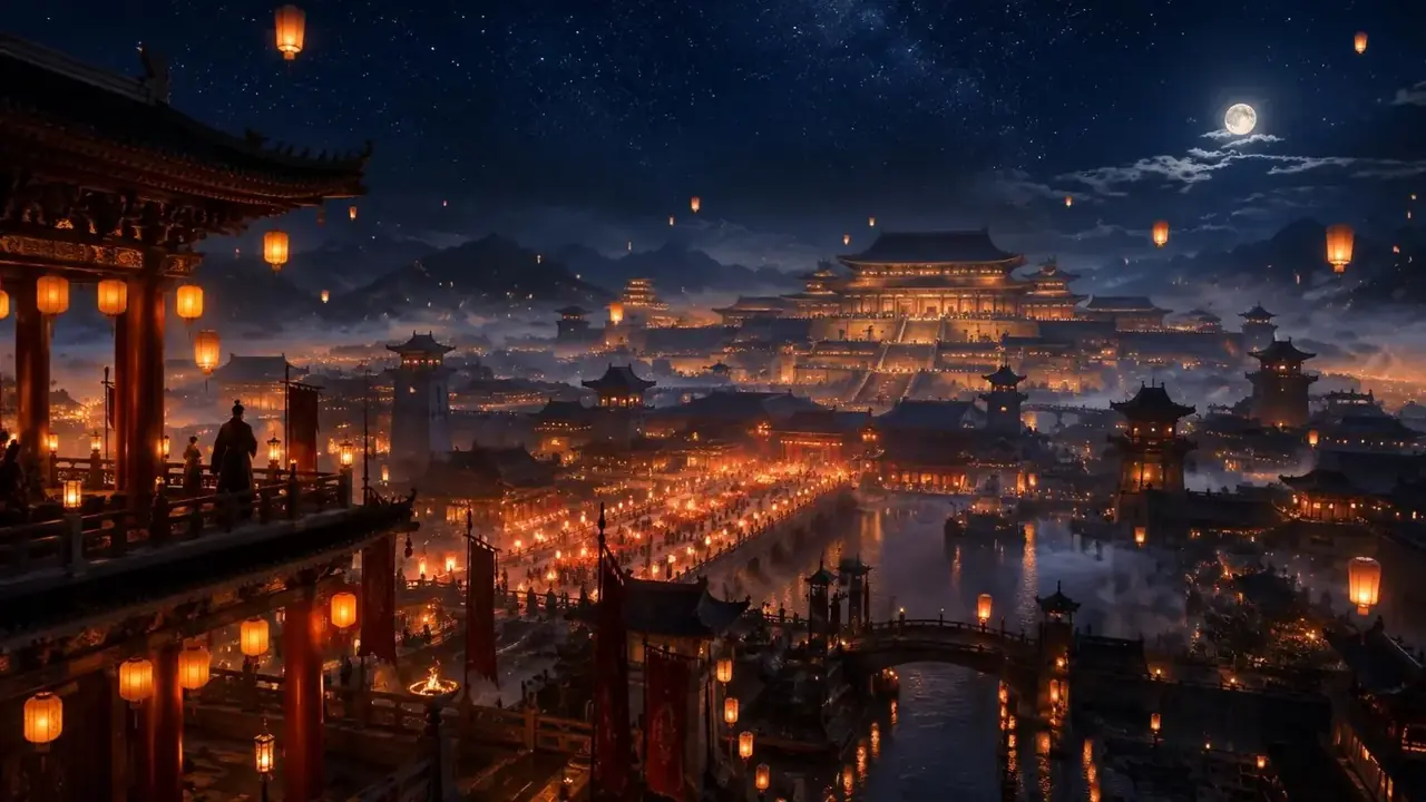 首页首屏背景：夜色宫廊中灯火倒映在湿润石板上，一名朱衣小吏手捧封好的诏书