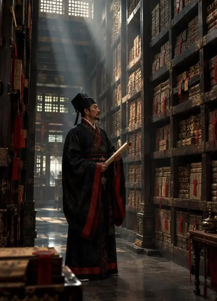 《御史两言》封面：黑衣红边的御史站在高耸的档案架之间，手持奏章