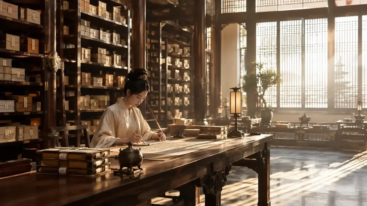 首页首屏背景：户部账库高架之间，暖黄灯火照着算盘与成堆账册