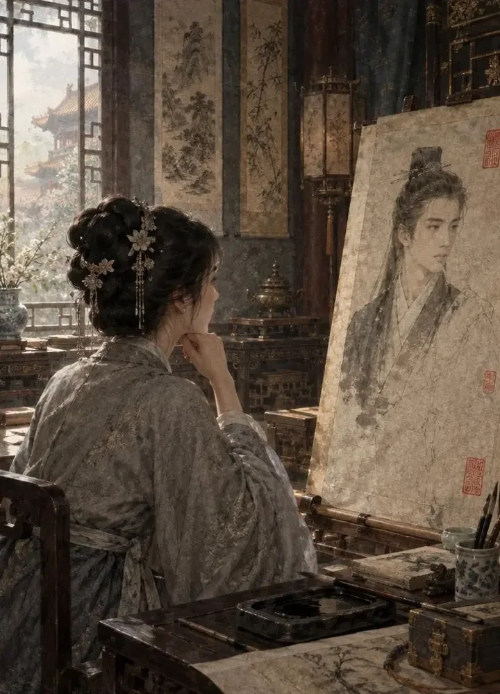 《丹青不换》封面：女画师坐在窗前，面前是未完成的书生画像