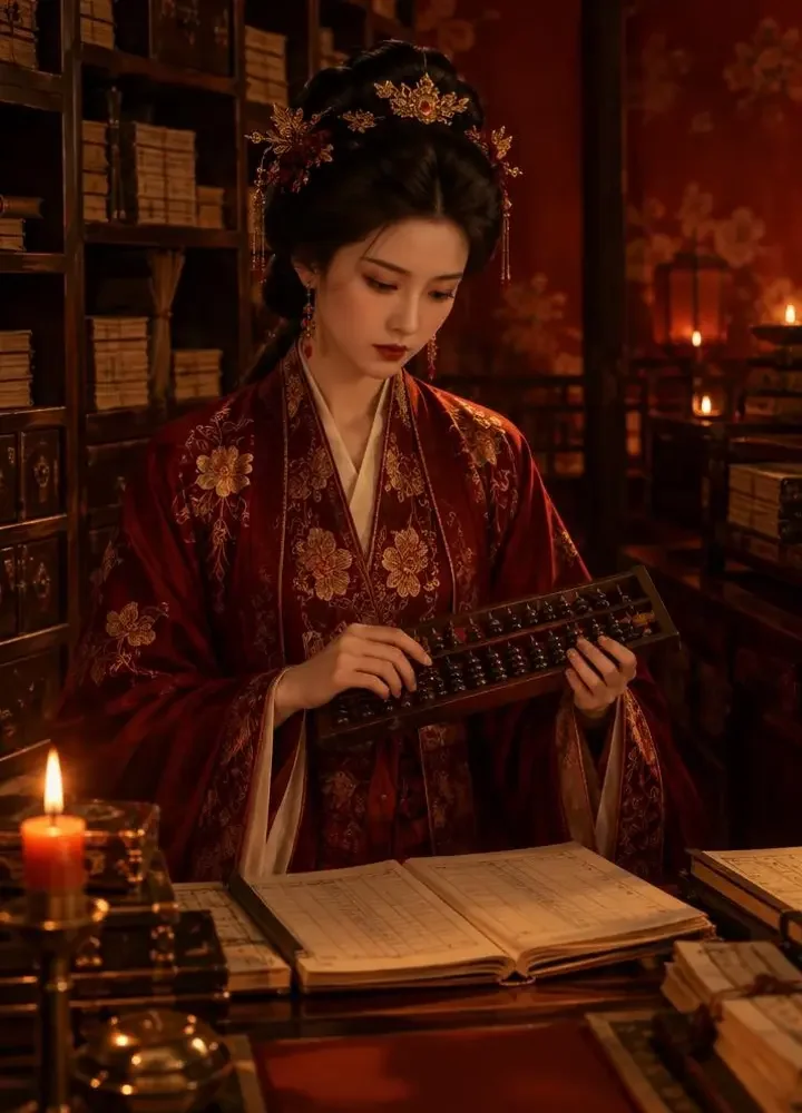 《锦绣算盘》封面：红衣女账房在木架账册之间举着算盘，烛光明亮