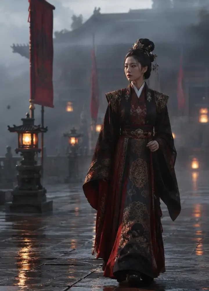 《锦衣听步》封面：锦衣女官走过雾中的石板庭院，灯笼点点