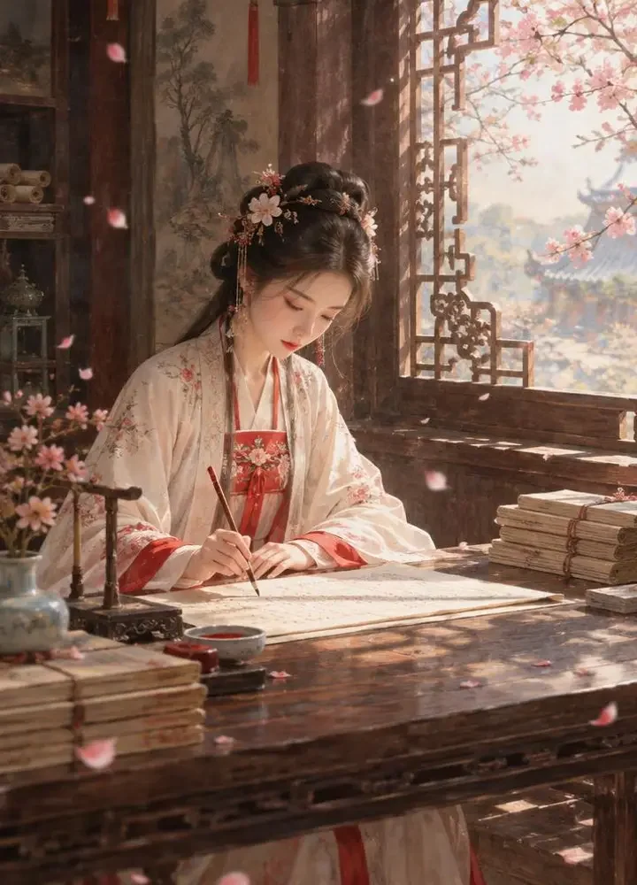 《落英御纸》封面：雕花窗下落英纷飞，女官在长桌誊抄文书